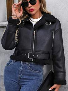 Áo khoác phi công Sherpa giả da cho nữ, Áo khoác lửng dáng ngắn, Túi thường ngày cuối thu cho nữ, Cổ áo thả khóa kéo, Dáng ôm vừa vặn, Màu đen, Áo khoác trơn cho nữ, Giữ ấm mùa đông/ Thời trang mùa đông - màu đen - Xem 4