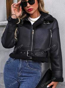 Chaqueta bomber de motorista de piel sintética con forro de borreguillo para mujer, chaqueta casual de otoño tardío con bolsillos, cremallera, hombros caídos y cuello, ajuste regular con colorblock negro, chaquetas de mujer sencillas, abrigada para el invierno/moda invernal