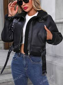Chaqueta bomber de motorista de piel sintética con forro de borreguillo para mujer, chaqueta casual de otoño tardío con bolsillos, cremallera, hombros caídos y cuello, ajuste regular con colorblock negro, chaquetas de mujer sencillas, abrigada para el invierno/moda invernal