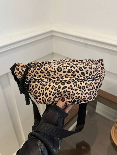 Fashionable Leopard Print Nylon Crossbody Bag, Solid Color Shoulder Bag, Women's Casual Sling Purse For Outdoor Sports,Fashionable Leopard Print Bag, Fall Winter Fashionable Cheetah Print Purse For Women