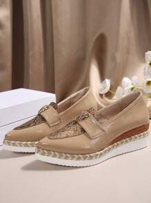 女士新款豹紋拼接鏡面網面楔型踝靴，戶外運動休閑輕便舒適鞋 - 杏色 - 查看 5