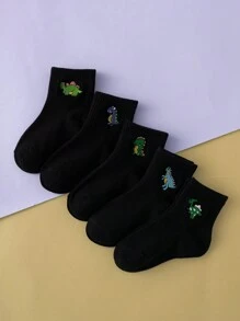 1/2/3/5 Pairs Of Interesting And Personalized Black All-Match Embroidered Dinosaur Pattern Fashionable And Versatile Mid-Calf Socks For Kids, Random Shipment