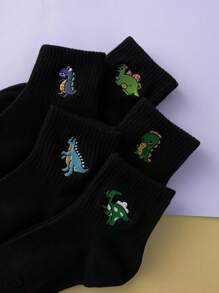 1/2/3/5 Pairs Of Interesting And Personalized Black All-Match Embroidered Dinosaur Pattern Fashionable And Versatile Mid-Calf Socks For Kids, Random Shipment