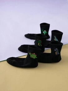 1/2/3/5 Pairs Of Interesting And Personalized Black All-Match Embroidered Dinosaur Pattern Fashionable And Versatile Mid-Calf Socks For Kids, Random Shipment
