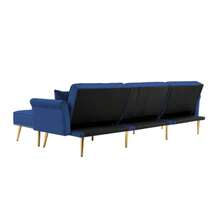 Modern Velvet Upholstered- Reversible Sectional Sofa Bed , L-Shaped Couch With Movable Ottoman And Nailhead Trim For Living Room. (Blue-)
