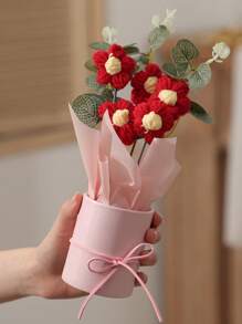 1 Set Handmade Knit Yarn Artificial Flower Bouquet With 5pcs Crochet Flowers, Fabric Knitted Flowers, Plastic Barrel, Packaging Paper Suitable For Birthday Or Anniversary Gift For Mom,Women, Bestie, Friend, Mother'S Day Gift, Valentine'S Day Gift, Birthday Gifts, Home Table Decoration, Valentine Day, Gift,Fake Plants