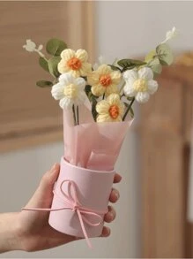 1 Set Handmade Knit Yarn Artificial Flower Bouquet With 5pcs Crochet Flowers, Fabric Knitted Flowers, Plastic Barrel, Packaging Paper Suitable For Birthday Or Anniversary Gift For Mom,Women, Bestie, Friend, Mother'S Day Gift, Valentine'S Day Gift, Birthday Gifts, Home Table Decoration, Valentine Day, Gift,Fake Plants