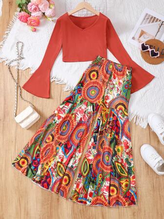 少女休閒針織純色V領擴口袖上衣和復古花卉印花褲裝套裝