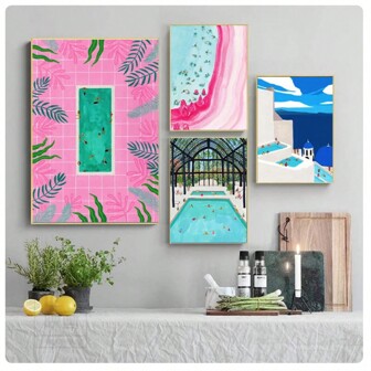 1PC Tropical Beach Swim Pool Canvas Painting Morocco Santorini Posters And Prints Abstract Wall Art Pictures For Living Room Decor , No Frame Best Gifts Birthday
