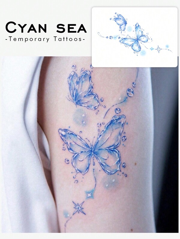 1-3 Pieces Of Washable, Waterproof, Sweatproof, Non-Reflective Temporary Tattoo Stickers, Pvc Aqua Blue, Crystal Clear Butterflies Flying, Two Butterflies, Water Wave Pattern, Suitable For Daily Use By People