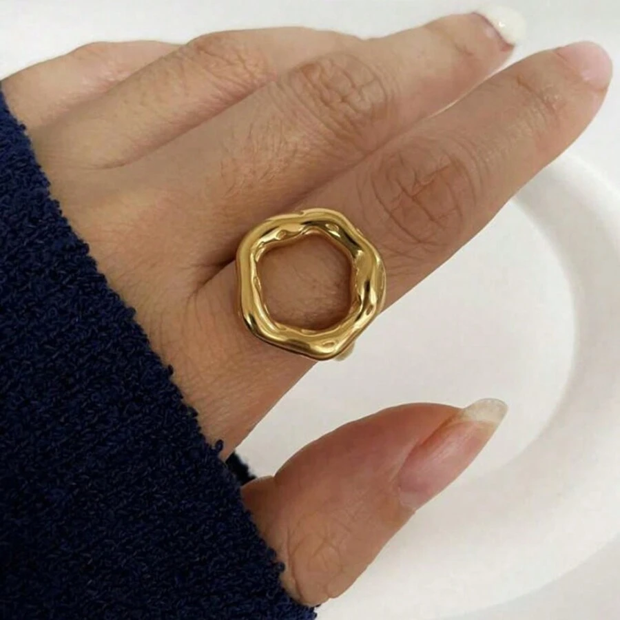 1 件女士不锈钢金戒指，实心不对称圆形设计，简约、个性、时尚、防褪色 - 不規則圓款 - 查看 1