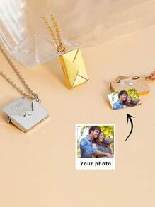 Customized Personalized Heart & Letter Envelope Necklace, With Engraved Photo & Information, Stainless Steel Pendant Necklace For Men & Women, Jewelry Gift For Couple And Family Members, Box Style Valentines - Gold - View 3