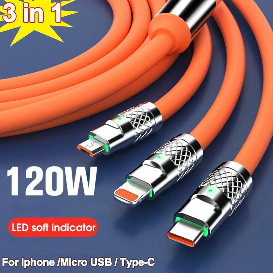 Cable de carga y datos 3 en 1 de 120W y 6A de aleación de zinc, carga súper rápida, compatible con iPhone, , Redmi, POCO, , P40, OPPO, teléfonos Android, cámaras, MP3 y adaptador universal