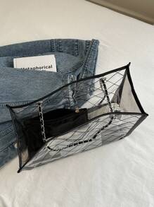 1pc Fashionable Clear Color-Block Beach Bag With Rhombus Grid Chain Tote Shoulder Bag Set, Perfect For Beach Vacation, Travel, Shopping, And Vacation Essentials - Multicolor - View 5