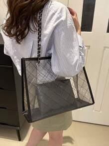 1pc Fashionable Clear Color-Block Beach Bag With Rhombus Grid Chain Tote Shoulder Bag Set, Perfect For Beach Vacation, Travel, Shopping, And Vacation Essentials - Multicolor - View 7