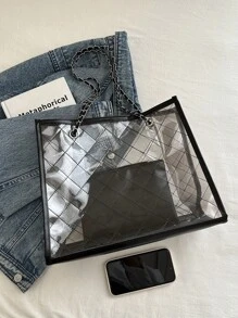 1pc Fashionable Clear Color-Block Beach Bag With Rhombus Grid Chain Tote Shoulder Bag Set, Perfect For Beach Vacation, Travel, Shopping, And Vacation Essentials - Multicolor - View 4