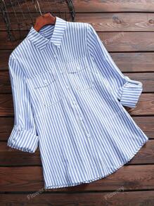 Nueva llegada Camisa de manga larga con botones y rayas para mujer - Mezcla suave, doble bolsillo, presillas para mangas, lavable a máquina - Uso casual para ir y venir y los fines de semana en todas las estaciones - Adecuado para el uso casual de primavera y otoño