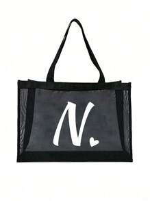 1 pieza Bolsa de playa con forma de corazón y letra A-Z de malla, bolsa de playa con forma de corazón y letra, bolsa de playa plegable, bolsa de playa de malla para mujer, adecuada para almacenamiento y compras en vacaciones de playa, bolso de gran capacidad - Negro - Ver 14