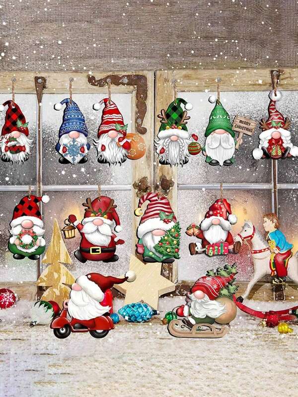 24pcs/Set Christmas Dwarf Wooden Hanging Ornament For Christmas Tree Decoration, Including Dwarf, Santa Doll And Other Decorations With Rope,Perfect For Gifts, Cars And Other Decorations With Santa Doll Plush, Including 1 Bundle Of Rope,Christmas