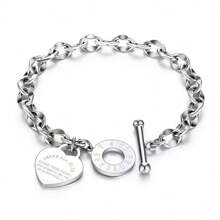 1pc Women's Stainless Steel Classic Heart Engraved Toggle Clasp Titanium Steel Chain Bracelet Valentines,Mom,Mother,Mother's Day,Gift