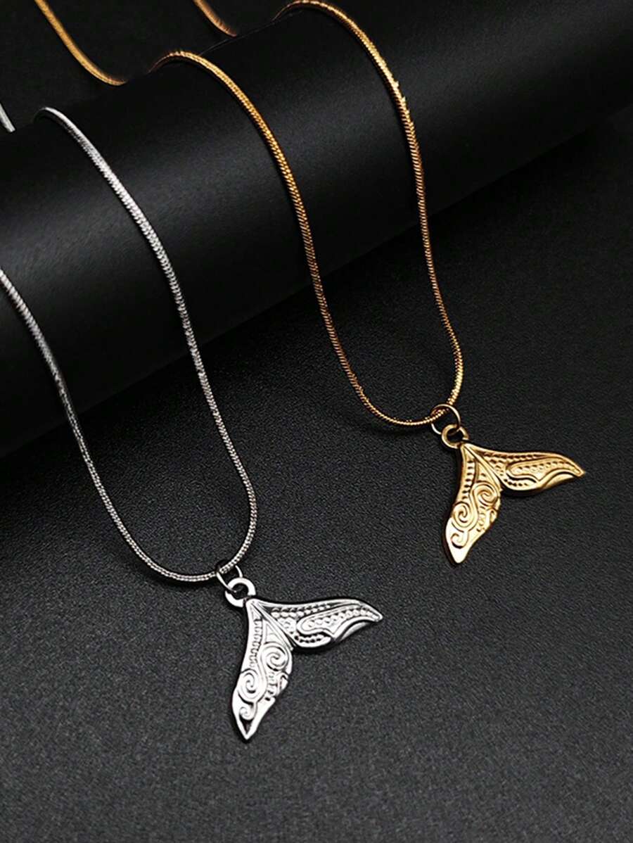 1pc Stainless Steel Patterned Mermaid Tail Pendant Necklace, Bohemian Style For Beach Vacation, Elegant & Fashionable Birthday Gift Jewelry - Fishtail - View 1
