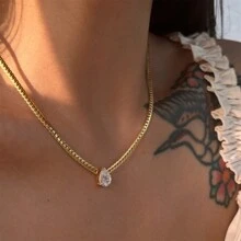 1 件 18K 镀金不锈钢泪珠水钻吊坠项链，适合女性日常佩戴和婚礼佩戴作为礼物 - 金黃色 - 查看 1