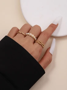 3pcs Pearl Shell Series Open Adjustable Simple Stainless Steel Women's Ring - Yellow Gold - View 1