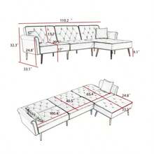 Modern Velvet Upholstered- Reversible Sectional Sofa Bed , L-Shaped Couch With Movable Ottoman And Nailhead Trim For Living Room. (Blue-)