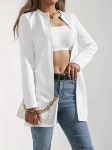 Women's Textured Fabric Solid Color Long Sleeve Open Front Casual Jacket, Spring Autumn - White - View 2