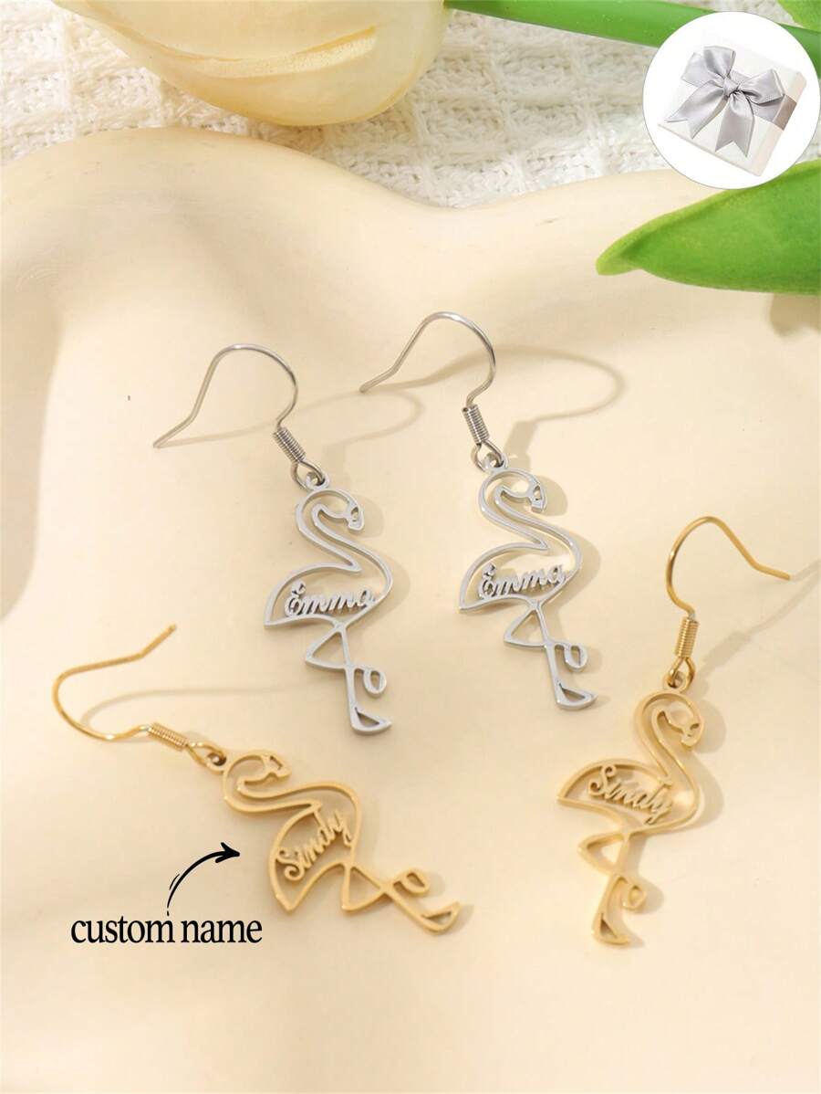 1 cặp Bông tai tên chim hồng hạc được cá nhân hóa, Bông tai tên dễ thương Quà tặng trang sức cho trẻ em, Bông tai mặt dây chuyền tên bé gái tùy chỉnh, Quà tặng sinh nhật, Quà tặng tình bạn - Bạc - Xem 1