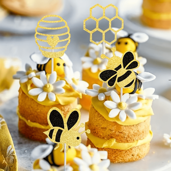 24pcs Shimmering Bumble Bee Cupcake Toppers - Glitter Gender Reveal Honeycomb Design - Festive Birthday Party Cake Decorations & Premium Supplies, Back To School Valentine Day