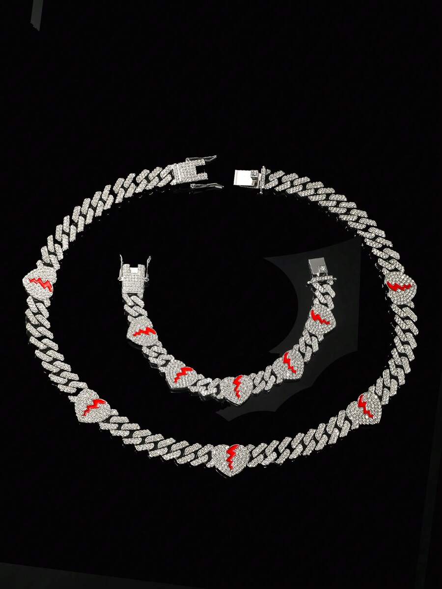 1set 12mm Width Alloy Punk Broken Heart Chain Necklace, Men's Fashion Rhinestone-Inlaid Chain, Western Style Accessory, Boyfriend Gift