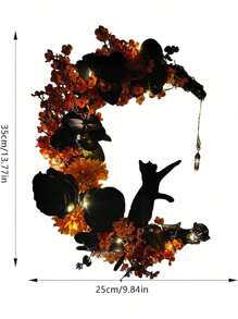 Americana Style Halloween Wreath 1PC - 13.77 Inch Black Cat Crescent Moon Door Hanging, Gothic Decor, Halloween Moon Decoration, No Feathers, Electricity-Free Use - Orange - View 3