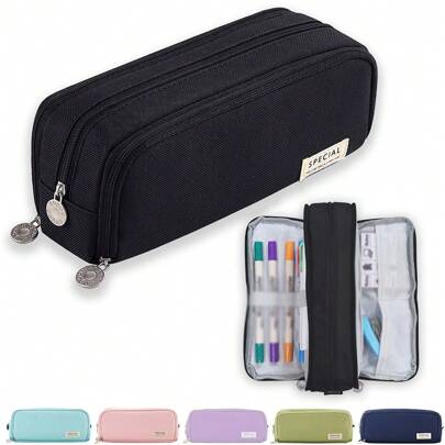 1 pièce Grande trousse à crayons avec 3 compartiments, sac à stylos pour école, ados, hommes, femmes. Fournitures scolaires, rangement pour articles de papeterie pour étudiants (Noir, Rose, Violet, Bleu marine, Bleu glacier, Vert, Motif cactus, Motif macaron) (L'emplacement des impressions de la trousse à crayons motif macaron et cactus est aléatoire!) Rentrée des classes, fournitures scolaires, trousse à crayons, sac d'école