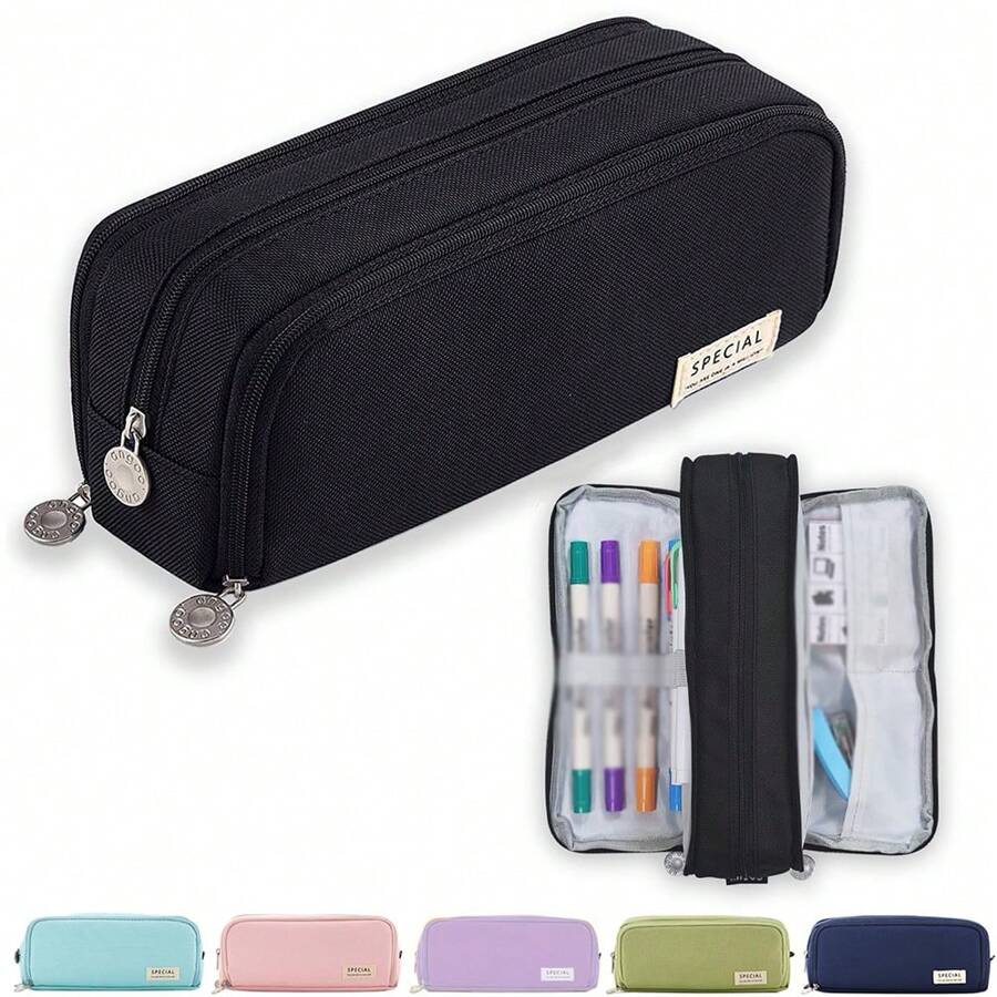 1 pieza Estuche para lápices de gran capacidad con 3 compartimentos, bolsa para bolígrafos para escuela, adolescentes, niños, hombres, mujeres. Útiles escolares, almacenamiento de papelería para estudiantes (Negro, Rosa, Morado, Azul Marino, Azul Glaciar, Verde, Estampado de Cactus, Estampado de Macaron) (¡La ubicación de los estampados de Macaron y Cactus en la superficie del estuche para lápices es aleatoria!) Vuelta al cole, Útiles escolares, Estuche para lápices, Mochila escolar