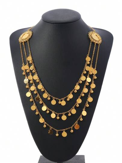 European And American Style Multi-Layered Alloy Chain With Metal Sheets And Iron Balls Necklace