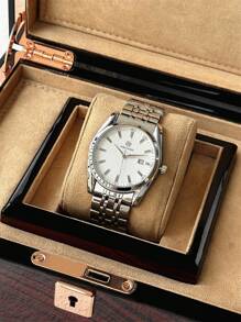 Pablo Raez 1pc Men's Watch Famous Brand New Luxury IPS Silver Plated Stainless Steel Case 50M Water Resistant Simple Calendar Clock Men's Solid Steel Metal Bracelet Heavy Chain Casual Fashion Quartz Watch For Man Arabic Numeral & Steel Bar Scales Black White Dial With Date High Level AAA Business Wristwatch For Daily Use Gift For Father Or Male Friend Birthday Presents - Black - View 11