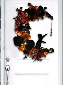 Americana Style Halloween Wreath 1PC - 13.77 Inch Black Cat Crescent Moon Door Hanging, Gothic Decor, Halloween Moon Decoration, No Feathers, Electricity-Free Use - Orange - View 4