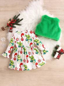 2 Stücke Baby Mädchen lässiges Set aus Weihnachts Muster Kleid und Herz geformter Weste - Grün - Übersicht 2