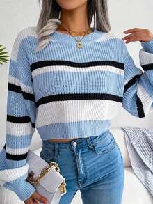 Striped Crew Neck Casual Crop Long Sleeve Sweater,Long Sleeve Tops