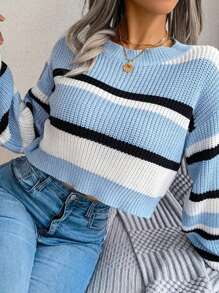 Striped Crew Neck Casual Crop Long Sleeve Sweater,Long Sleeve Tops