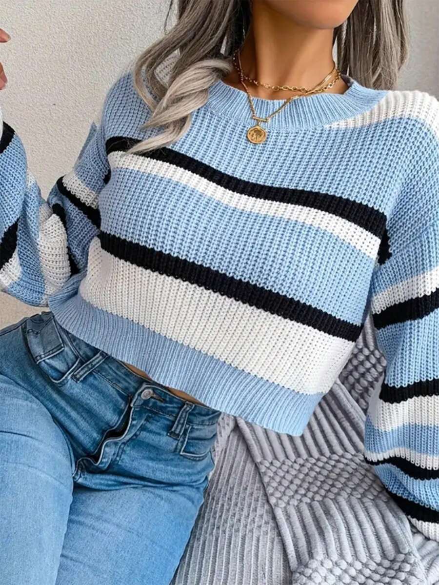 Striped Crew Neck Casual Crop Long Sleeve Sweater,Long Sleeve Tops