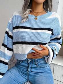 Striped Crew Neck Casual Crop Long Sleeve Sweater,Long Sleeve Tops