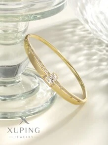 XUPING JEWELRY 1入組時尚簡約設計輕巧14K鍍金開口手鐲，適用於女性日常和假日穿著 - 金黃色 - 查看 4