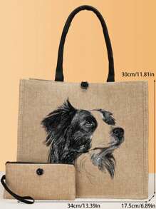 2 件边境牧羊犬印花手提包、可爱小狗印花手提包套装、轻便大容量手提包、可重复使用的粗麻布购物袋、带化妆包的便携式旅行沙滩包、生日礼物、教师节、护士节、生日、周年纪念日、最佳礼物