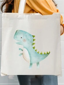 1 pieza Bolsa de regalo de lona con diseño de dibujos animados de dinosaurios, bolso de mano, bolsa de compras informal de lona con estampado de dinosaurios, bolsa de hombro, bolso portátil para compras o como empaque de regalo para cumpleaños y fiestas - Multicolor - Ver 2