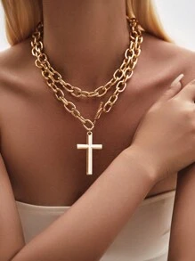 1pc Vintage Multi-Layer Punk Rock Style Linked Cross Pendant Aluminum Chain Necklace, Fashionable Personalized Accessory Suitable For Daily And Special Occasions, Hot Seller - Gold - View 3