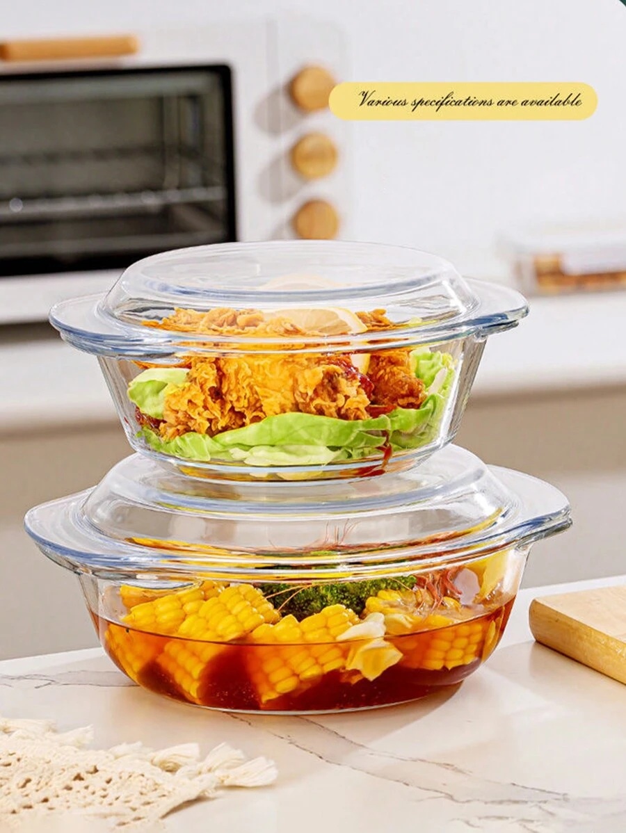Crystal Glass Stew Pot With Lid And Double Ears, High Temperature Resistant For Microwave And Oven, Kitchen Essential - Transparent - View 1