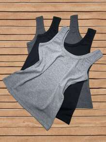 Kit Set Of 3 Ribbed Wide Strap Tank Tops - BLACK - LIGHT GRAY - DARK GRAY - Đen, Xám nhạt và Xám đậm - Xem 1