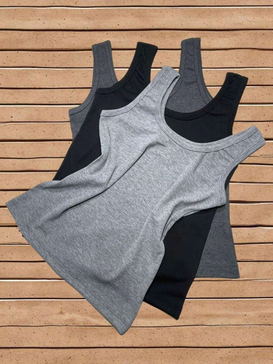 Kit Set Of 3 Ribbed Wide Strap Tank Tops - BLACK - LIGHT GRAY - DARK GRAY - Đen, Xám nhạt và Xám đậm - Xem 1